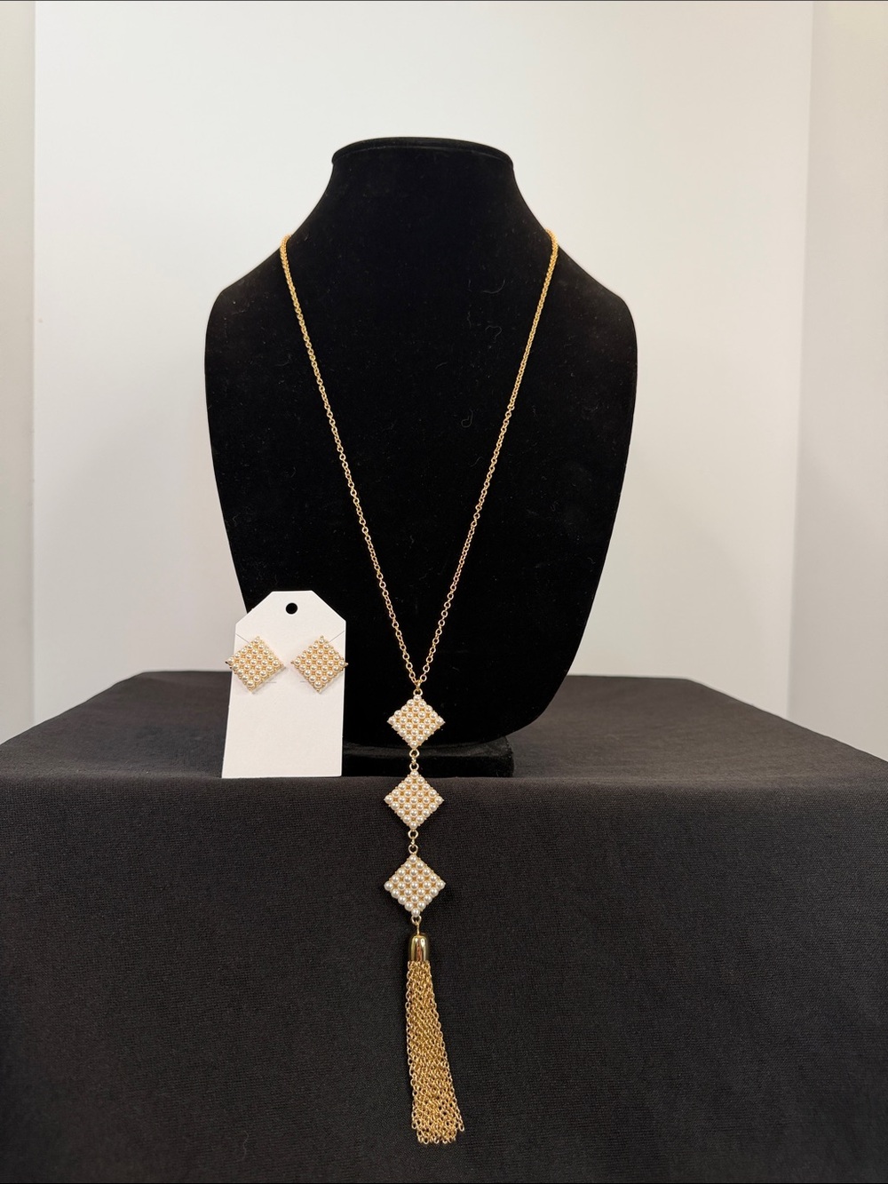 Gold Tassel Drop Necklace with Matching Stud Earrings